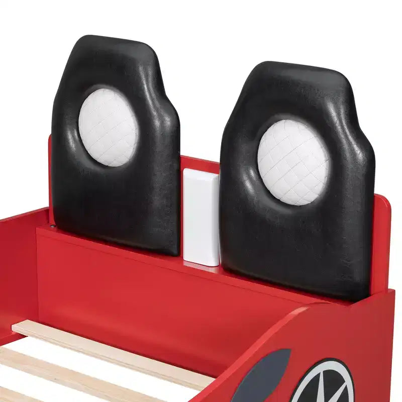 Whisen Wood Plattformbett in Rennwagen-Form, Twin-Größe, mit LED-Beleuchtung und gepolsterter Rückenlehne