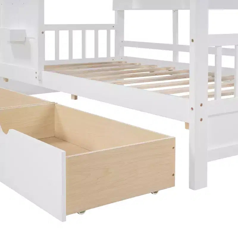 Hausbett aus Holz in Twin-/Full-Size mit 2 Schubladen, Kinderbett mit Ablageregal - ModernLuxe