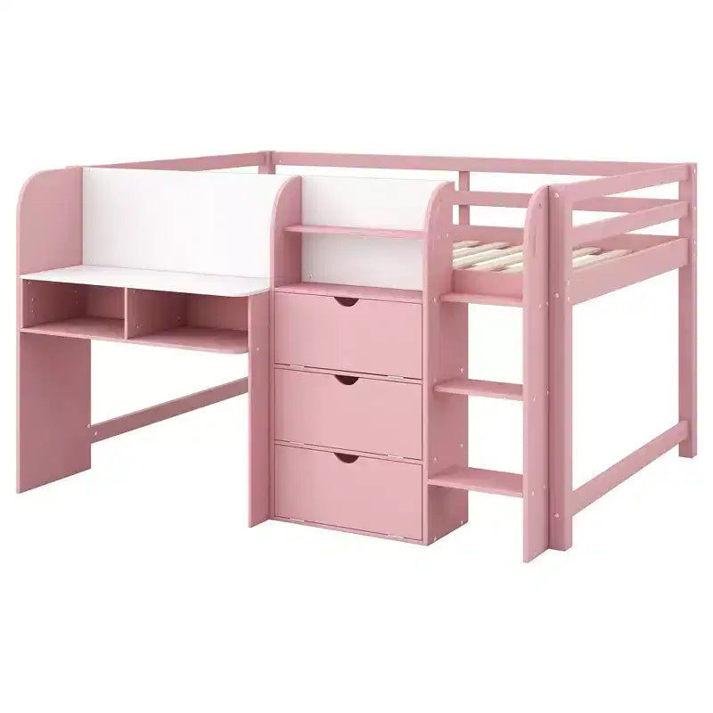 Niedriges Hochbett in Pink/Weiß mit Schreibtisch, Stauraum & Whiteboard – Einzelbett, 1 Person