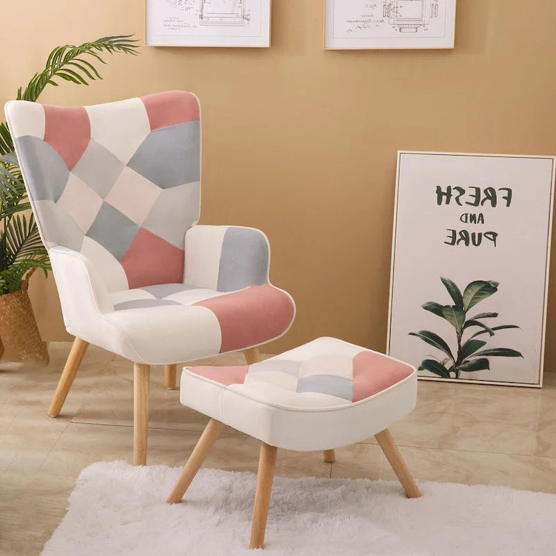 Akzentsessel mit Ottoman, Wohnzimmersessel und Ottomane Set, Bequemer Seitenlehnsessel für Schlafzimmer, Kreative Spleiß-Stoffoberfläche