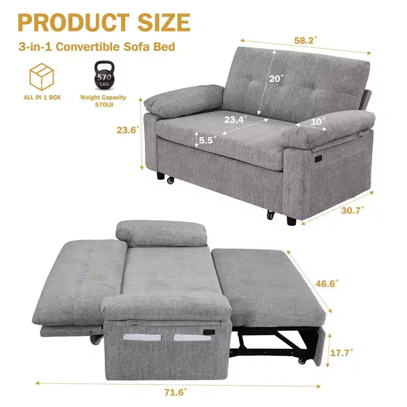 Dyonery 3-in-1 Schlafsofa, Ausziehbares Schlafsofa mit verstellbarer Rückenlehne