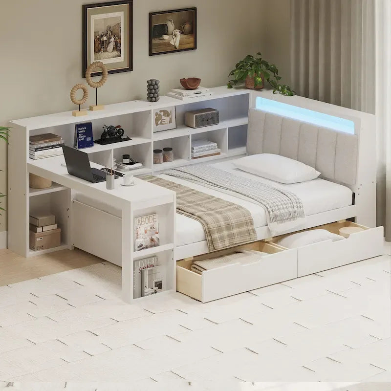L-förmiges Holzsofa-Tagesbett mit Schreibtisch, Bücherregal, Eckbett mit Schubladen unter dem Bett, gepolstertem Kopfteil und integrierter Beleuchtung