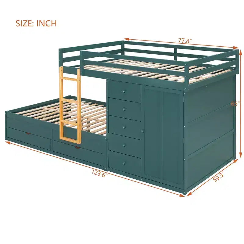 Etagenbett „Full-over-Full“ mit Kleiderschrank und Schubladen, platzsparendes Etagenbett aus Holz in voller Größe mit Rausfallschutz für Apartment, Schlafzimmer