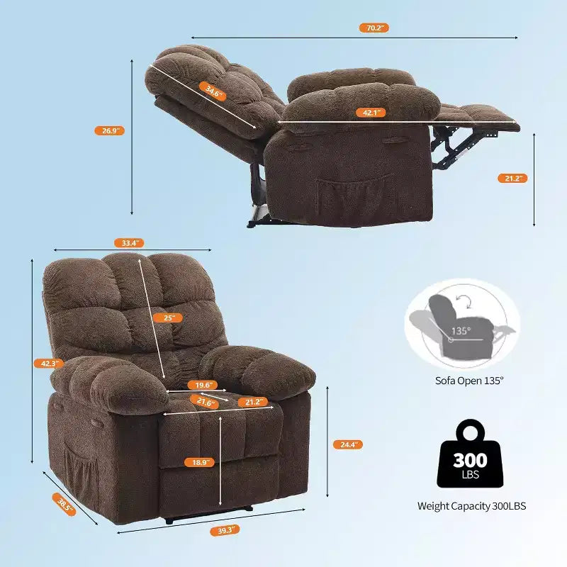 Manueller Relaxsessel, ergonomischer, atmungsaktiver Stoff-Relaxliege mit Seitentaschen, Einzelsessel, geeignet für Wohnzimmer Schlafzimmer