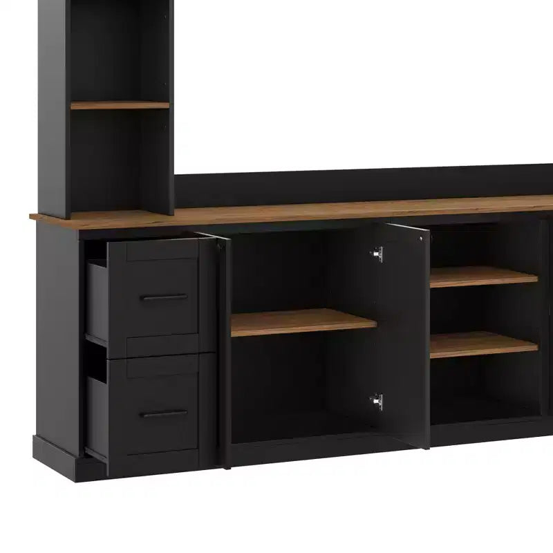 ModernLuxe 4-in-1 Bauernhaus Unterhaltungszentrum Wandregal, passend für Fernseher bis 70 Zoll, TV-Ständer Medienkonsole mit verstellbaren Regalen und Schubladen
