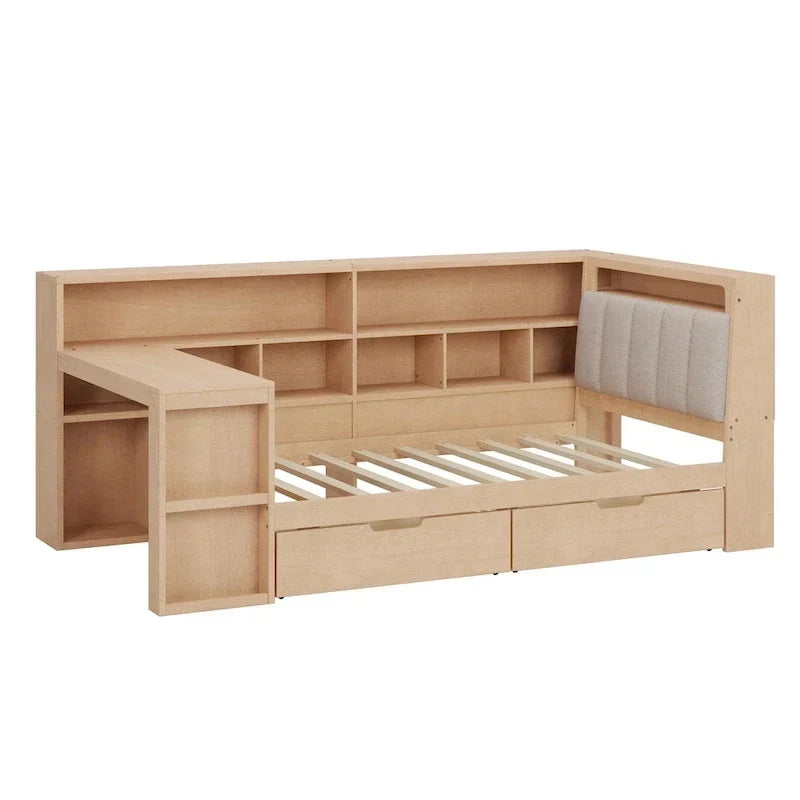L-förmiges Holzsofa-Tagesbett mit Schreibtisch, Bücherregal, Eckbett mit Schubladen unter dem Bett, gepolstertem Kopfteil und integrierter Beleuchtung