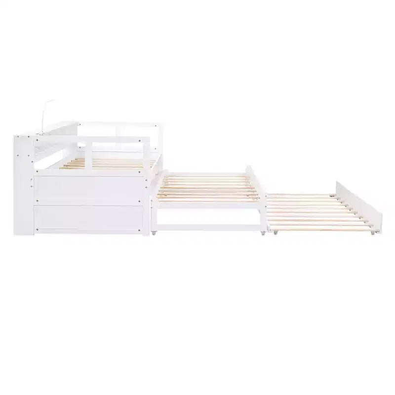 Whisen Twin XL Tagesbett aus Holz mit 2 Ausziehbetten, 3 Staufächern, 1 kostenloser Leuchte und USB-Ladefunktion