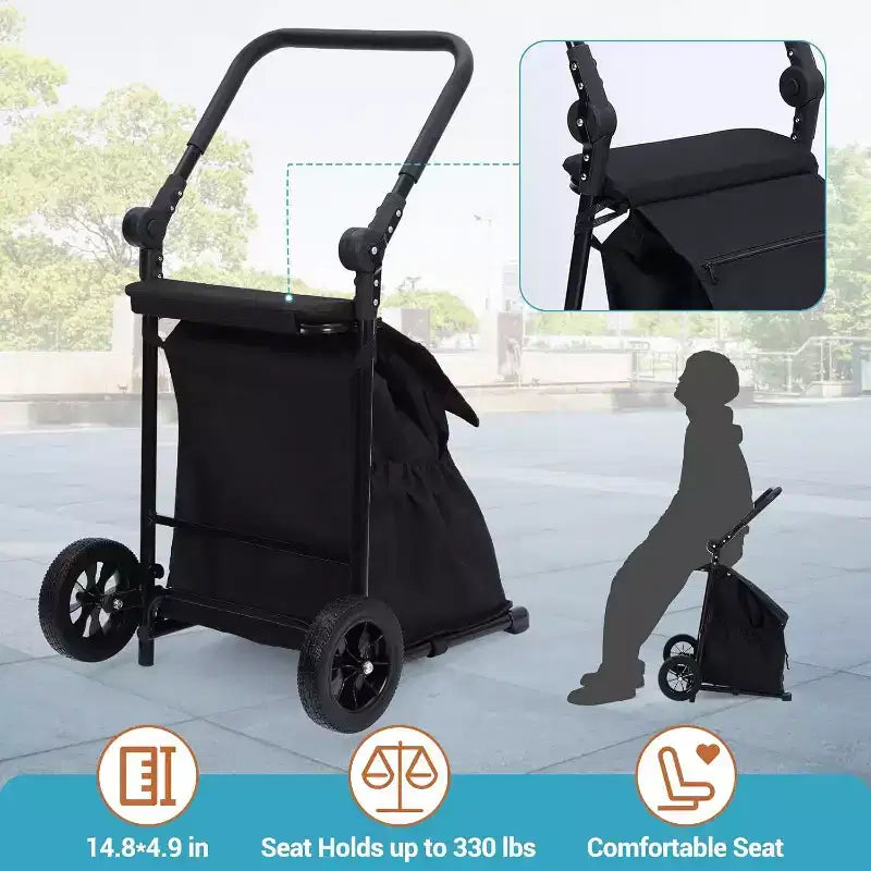 Acekool 2-in-1 faltbarer Handwagen Einkaufstrolley mit abnehmbarer wasserdichter Tasche, dickem Sitzkissen und verstellbarem rutschfesten Griff, Schwarz