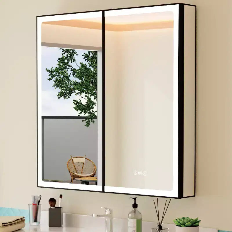 Badezimmer-Medizinschrank mit LED-Spiegel, Auf- oder Unterputzmontage, dimmbares Licht, Antibeschlagfunktion, verstellbare Ablagen