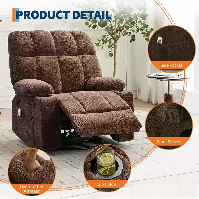 Übergroßer Relaxsessel für Erwachsene, Manueller Dreh-Schaukelsofa, Seitentaschen & Getränkehalter für Große und Schwergewichtige, Wohnzimmer