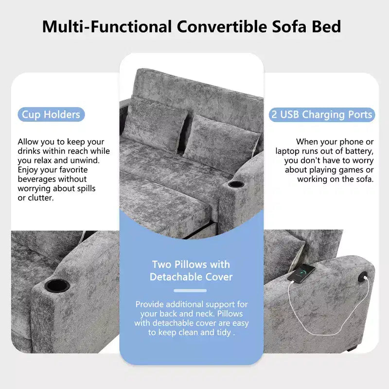 61.6 Modernes Chenille-Schlafsofa mit USB-Anschlüssen, Becherhaltern und verstellbarer Rückenlehne für Wohnzimmer, Apartment