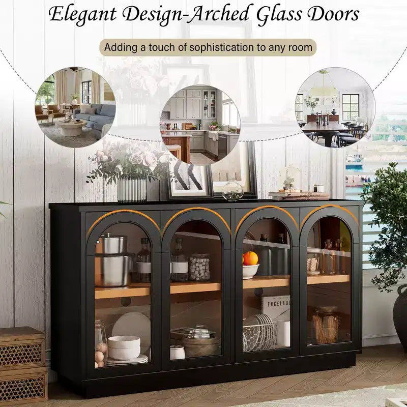Großes 4-türiges Sideboard mit Glastüren, gewölbtes Sideboard mit verstellbaren Einlegeböden für die Küche