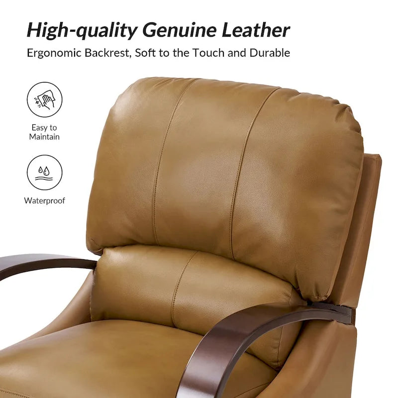 Alex Mid-Century Modern Zigarren-Sessel aus echtem Leder mit manueller Relaxfunktion und geschwungenen Holzarmlehnen