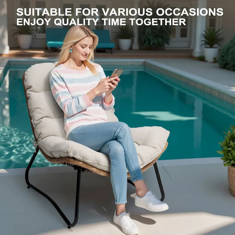 Outdoor-Papasan-Sessel mit Kissen, PE-Rattan-Gartenstühle mit Beistelltisch