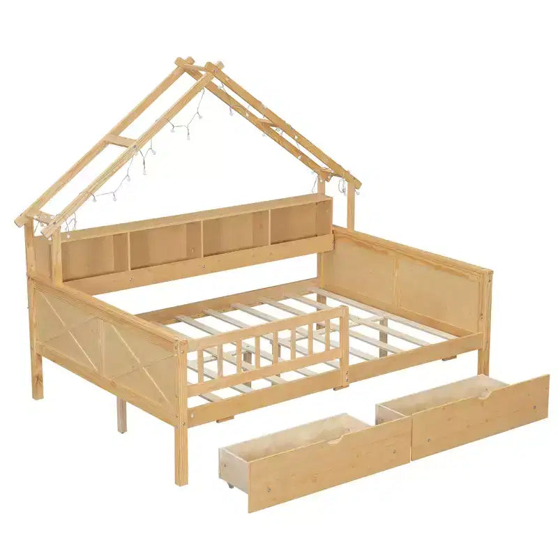 Hausbettgestell in voller Größe mit Schubladen, Haus-Plattformbett mit LED-Beleuchtung, Ablagefächern und Schubladen, Tagesbett aus Holz mit Dach und Geländer