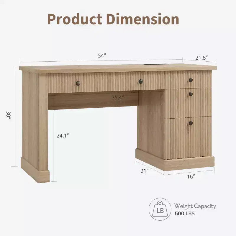 Geriffelter Home-Office-Schreibtisch mit Stauraum, 137 cm moderner Chefschreibtisch mit Ladestation, Computer-Schreibtisch aus Holz mit Aktenschubladen für das Arbeitszimmer