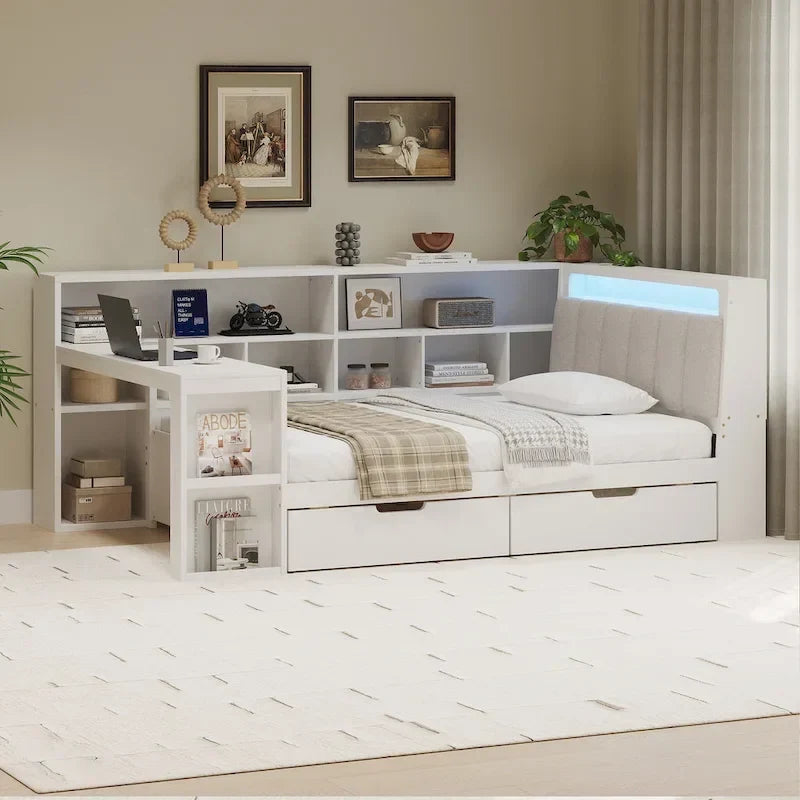 L-förmiges Holzsofa-Tagesbett mit Schreibtisch, Bücherregal, Eckbett mit Schubladen unter dem Bett, gepolstertem Kopfteil und integrierter Beleuchtung