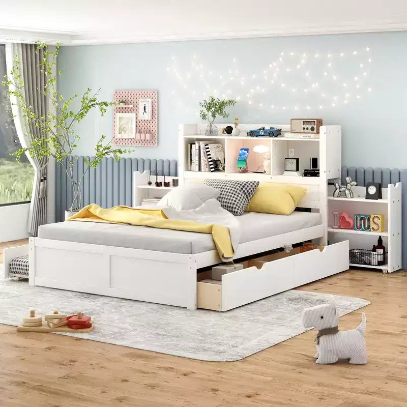 Plattformbett in voller Größe mit Stauraum, Ausziehbett, Kopfteil mit Bücherregal und Ladestation, Bettgestell aus Holz in voller Größe mit Regalen und Schubladen