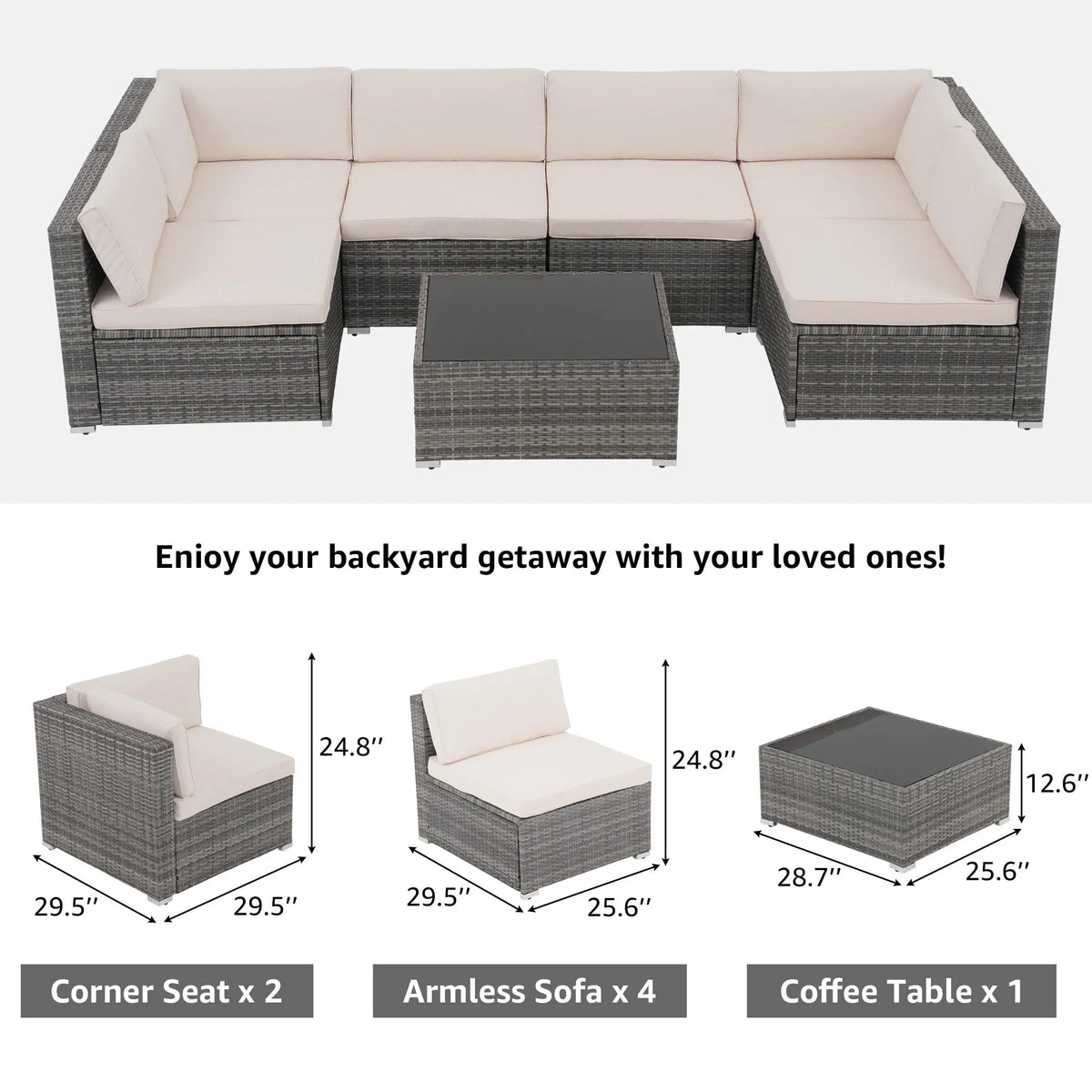 7-teiliges Outdoor-Sofa-Set aus Korbweide/Stahl mit Polstern