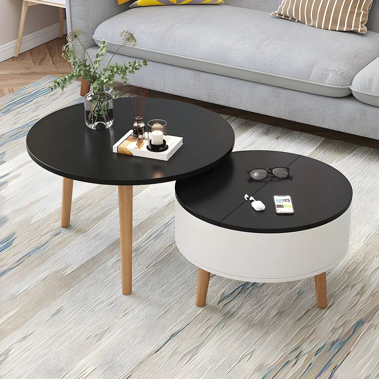 Schwarz Weiß Moderner Runder Couchtisch aus Holz mit Stauraum