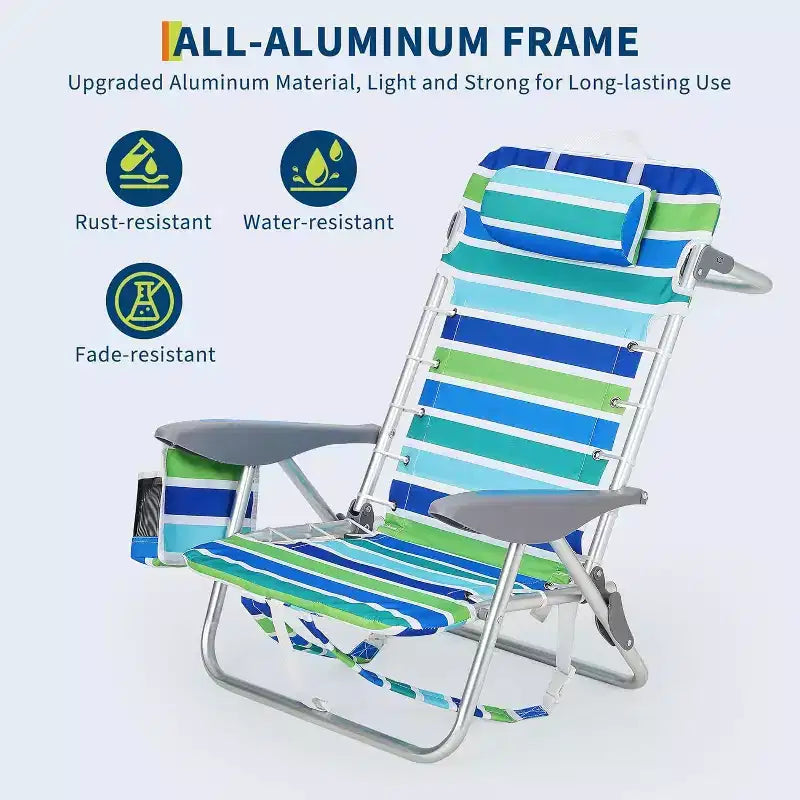 Acekool 2er-Pack leichter Rucksack-Strandstuhl, faltbarer Liegestuhl mit 5 Positionen für Erwachsene mit Gurten, Getränkehalter und Handtuchstange, belastbar bis 136 kg
