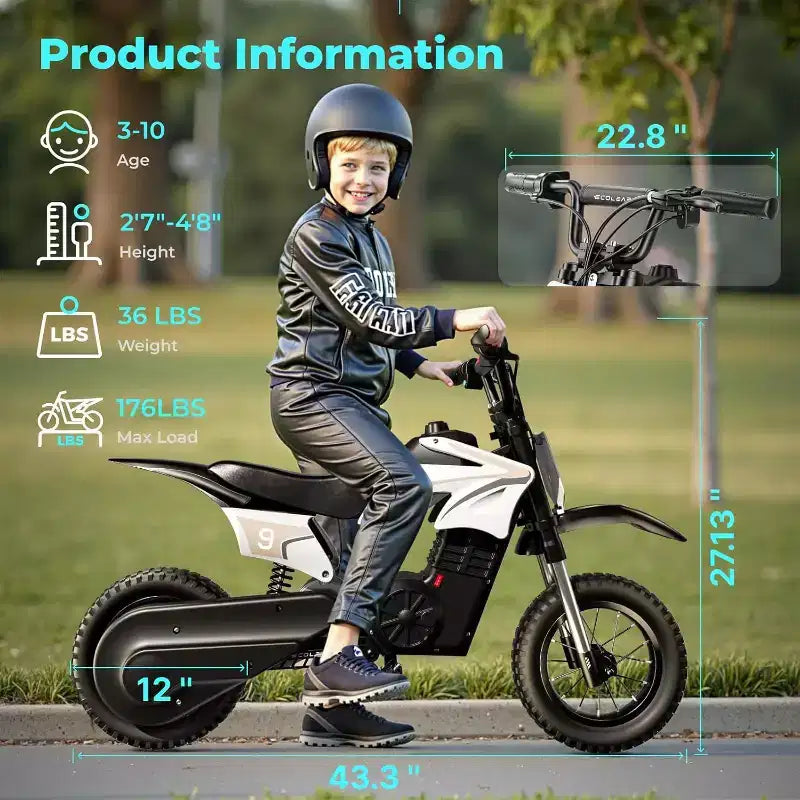 ECOLEAP K1 Elektro-Dirtbike für Kinder 36V, 25 km/h schnell, 22 km Reichweite, 700W Spitzenmotor, 3 Geschwindigkeitsmodi, 12 Zoll Offroad-Reifen, UL, Alter 3-10
