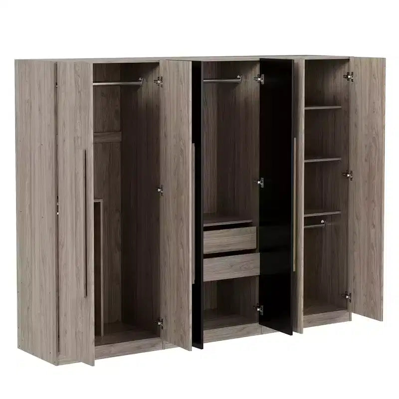 83W 6-türiger Kleiderschrank Garderobenschrank Aufbewahrungsschrank mit 2 Schubladen, Kleiderstangen und Ablageflächen, Schwarz+Natur-ModernLuxe