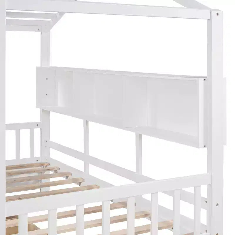 Hausbett aus Holz in Twin-/Full-Size mit 2 Schubladen, Kinderbett mit Ablageregal - ModernLuxe