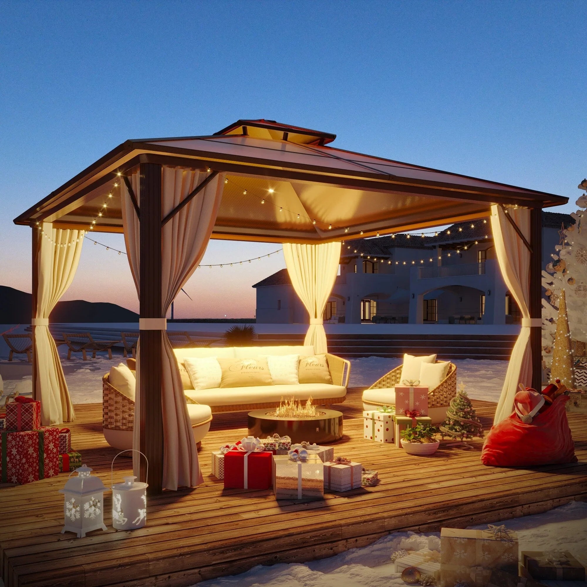 EROMMY Hardtop-Pavillon, Outdoor-Pergola mit Doppeldach & Netzen & Vorhängen, Hochleistungs-Canopy für Terrasse, Garten, Poolparty