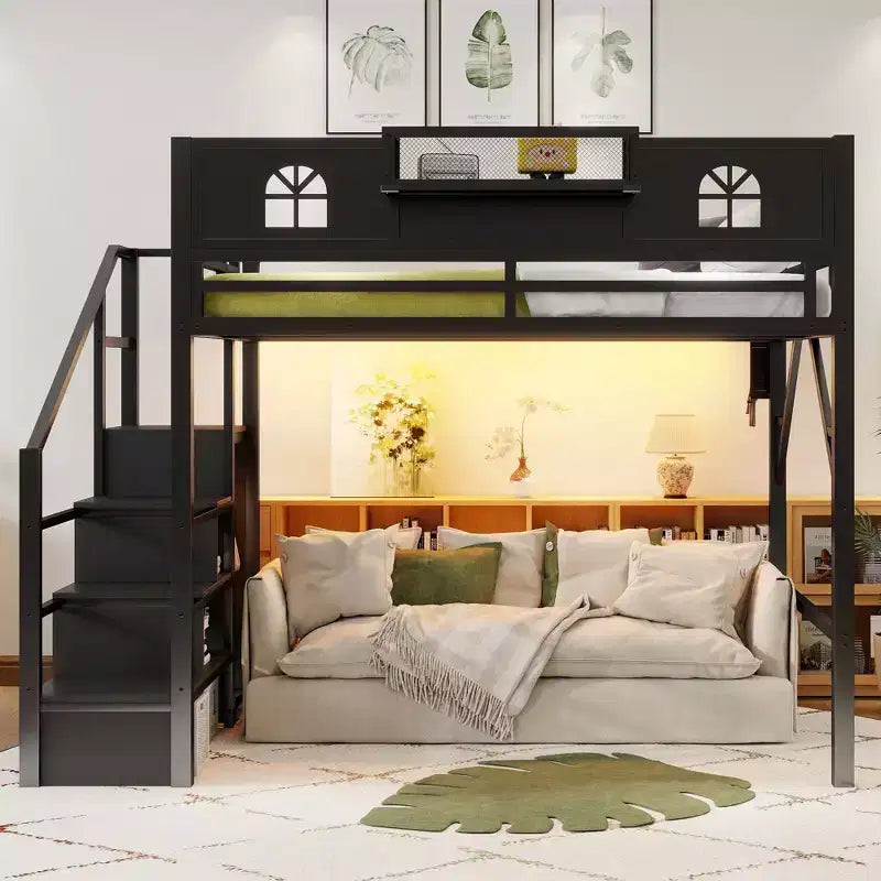 ModernLuxe Hochbett für Full/Queen-Betten mit Treppe und integriertem Kleiderschrank, Metallbettgestell mit LED-Beleuchtung, USB-Ladestation und Ablagefächern