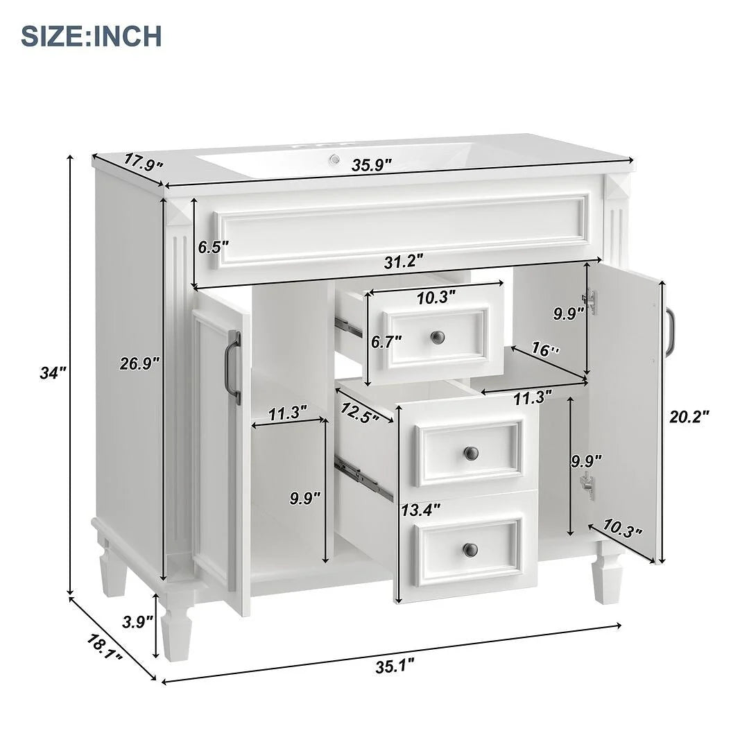 Moderner 36'' Badschrank mit Aufsatzwaschbecken und Spiegelschrank, 2 Türen und 2 Schubladen