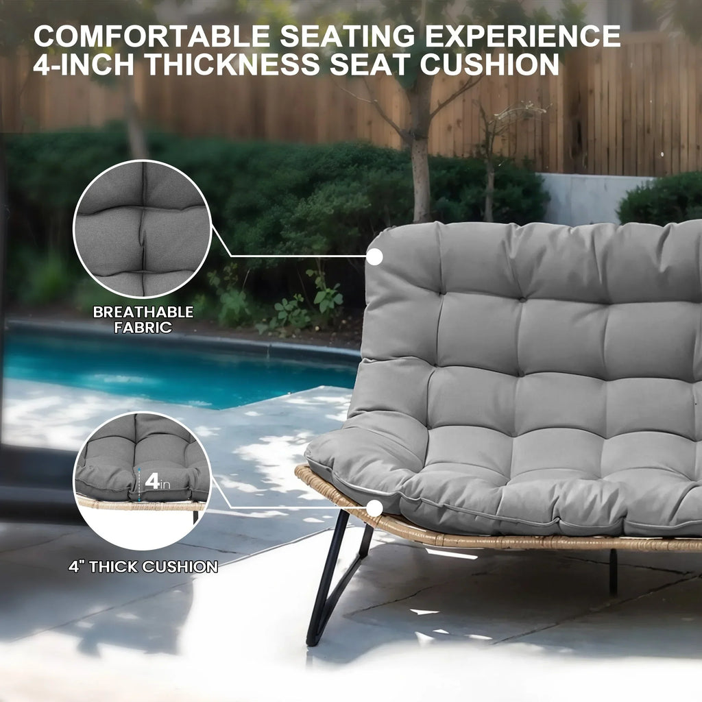 Doppelsessel Papasan mit Kissen, wetterfestes PE-Rattan und Metallrahmen für Innen- und Außenbereich