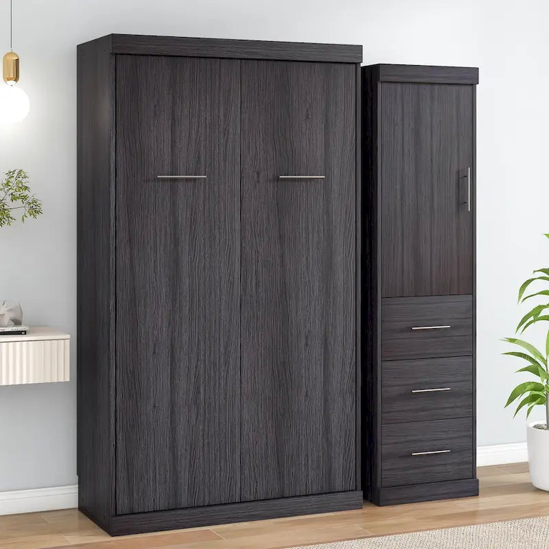 Graues klappbares Schrankbett mit Kleiderschrank & 3 Schubladen, Full/Twin, 1-Personen