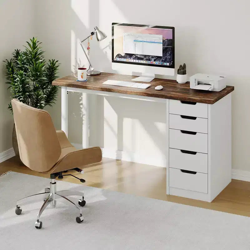 47 Zoll Computertisch mit 5 Schubladen, umkehrbarer moderner rustikaler Schreibtisch, Home-Office-Arbeitsplatz für kleine Räume