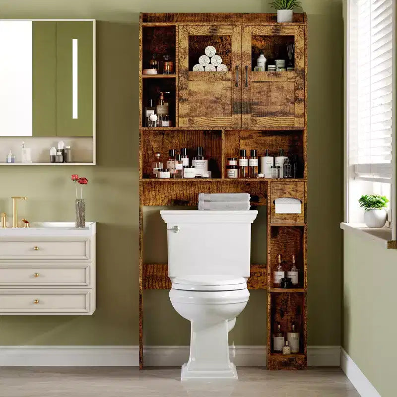 Badezimmerschrank über der Toilette – 171 cm hoher Badezimmer-Organizer im Landhausstil mit verstellbarem Regal und Glastür für Bad und Waschküche