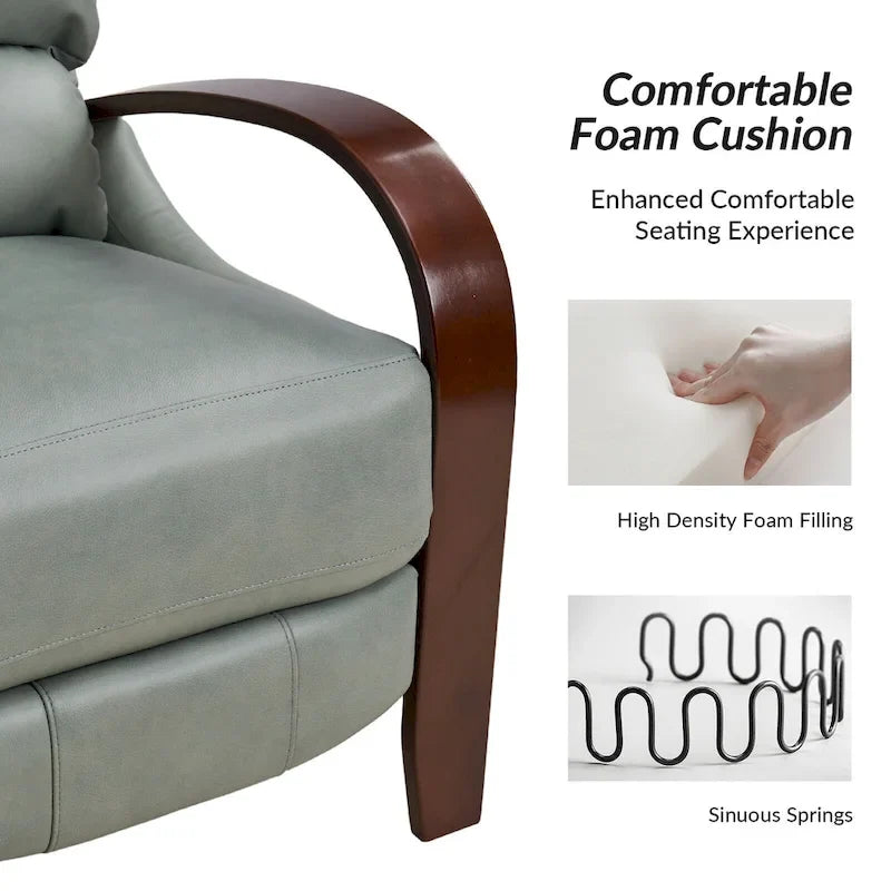 Alex Mid-Century Modern Zigarren-Sessel aus echtem Leder mit manueller Relaxfunktion und geschwungenen Holzarmlehnen