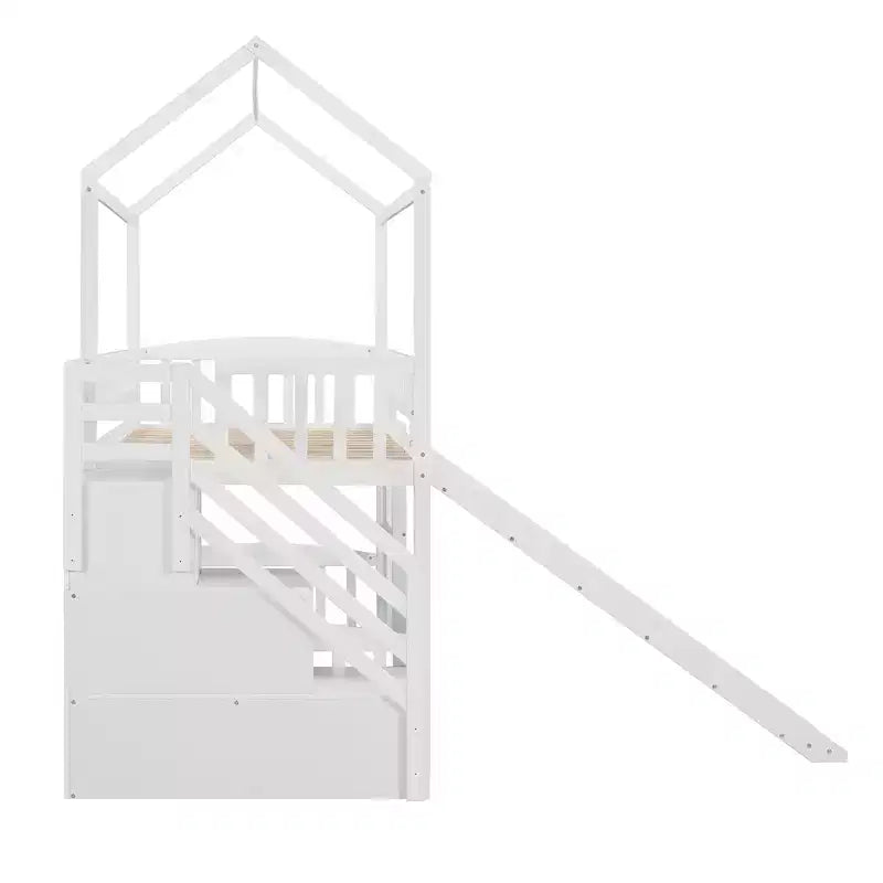 Doppelhaus-Hochbett mit Rutsche und Treppe, Hochbett mit Aufbewahrungsschubladen, Holzhaus-Hochbett für Kinder und Kleinkinder