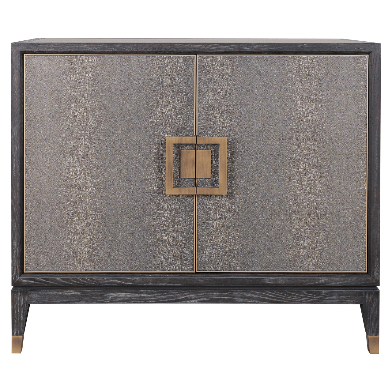 Sideboard aus schwarzem Holz und Rochenlederimitat mit zwei Türen und Messinggriffen