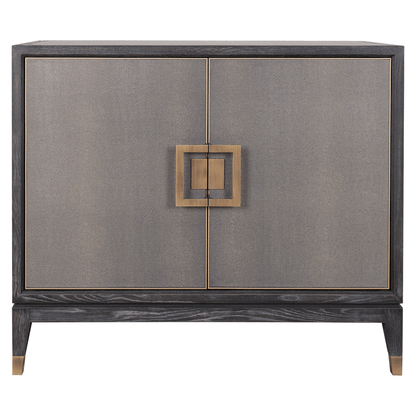 Sideboard aus schwarzem Holz und Rochenlederimitat mit zwei Türen und Messinggriffen