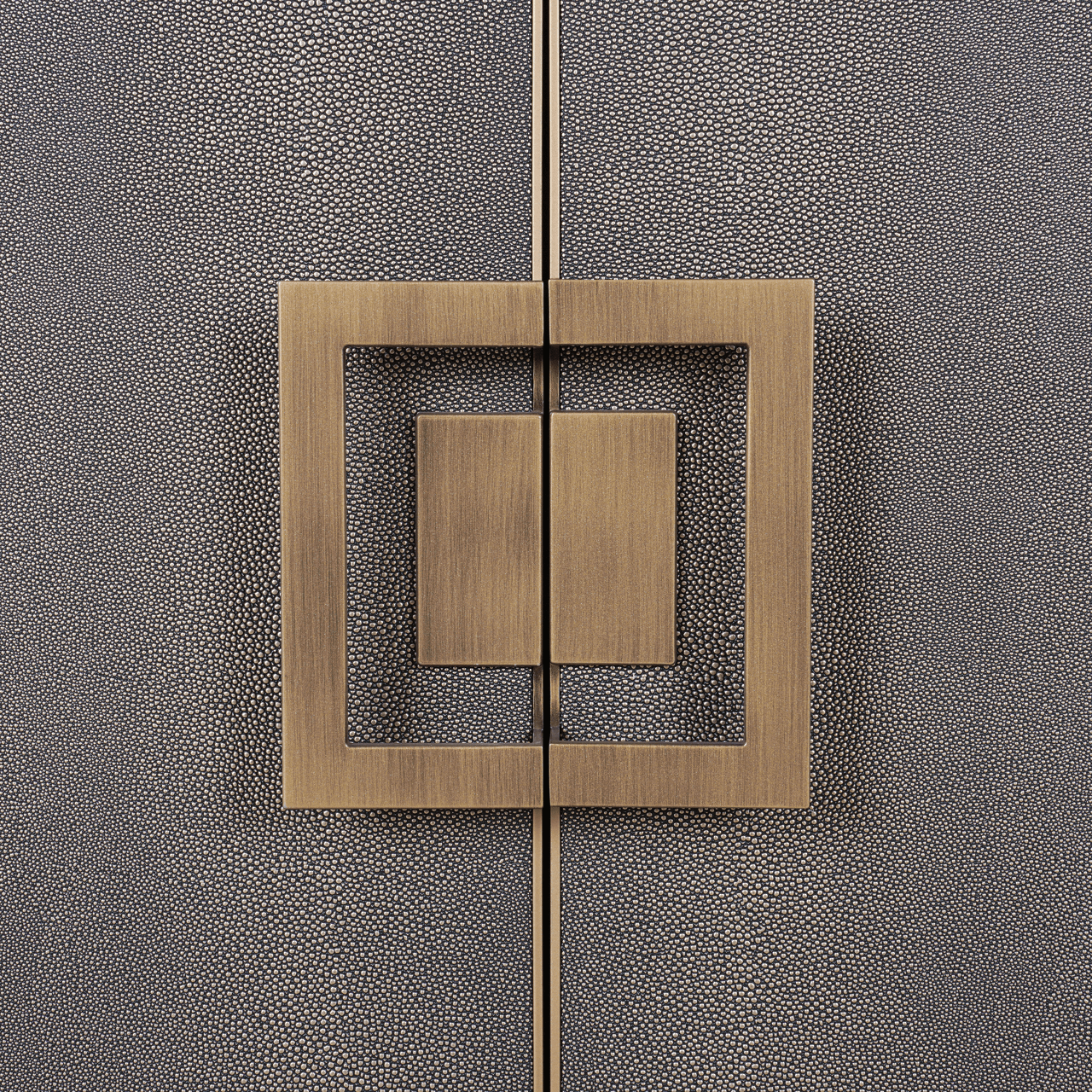 Sideboard aus schwarzem Holz und Rochenlederimitat mit zwei Türen und Messinggriffen