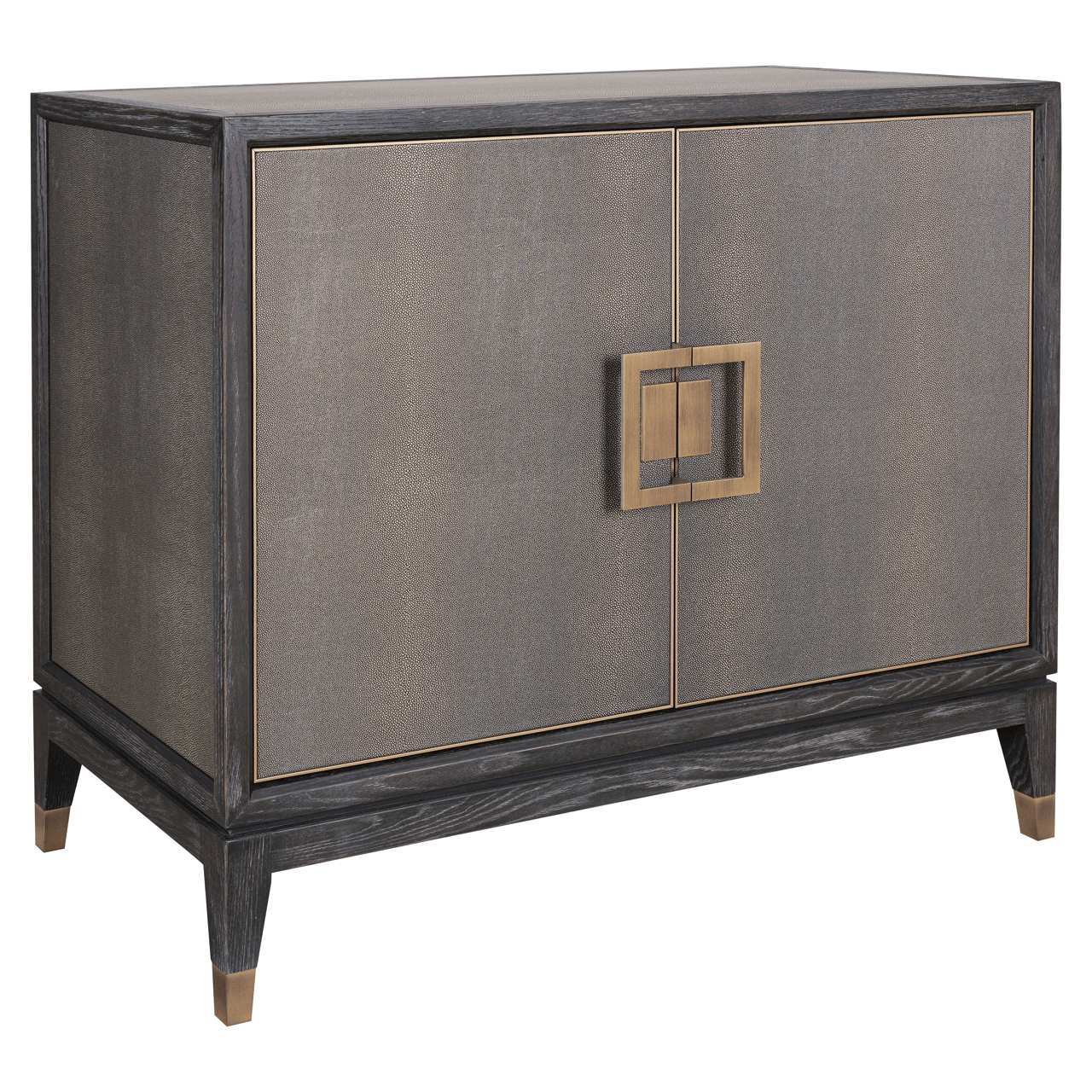 Sideboard aus schwarzem Holz und Rochenlederimitat mit zwei Türen und Messinggriffen