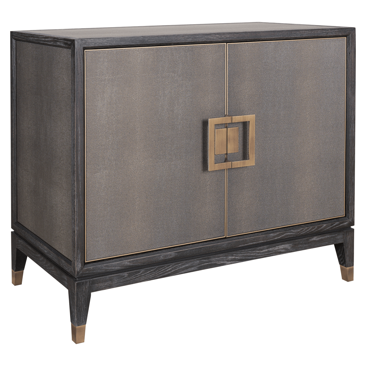 Sideboard aus schwarzem Holz und Rochenlederimitat mit zwei Türen und Messinggriffen