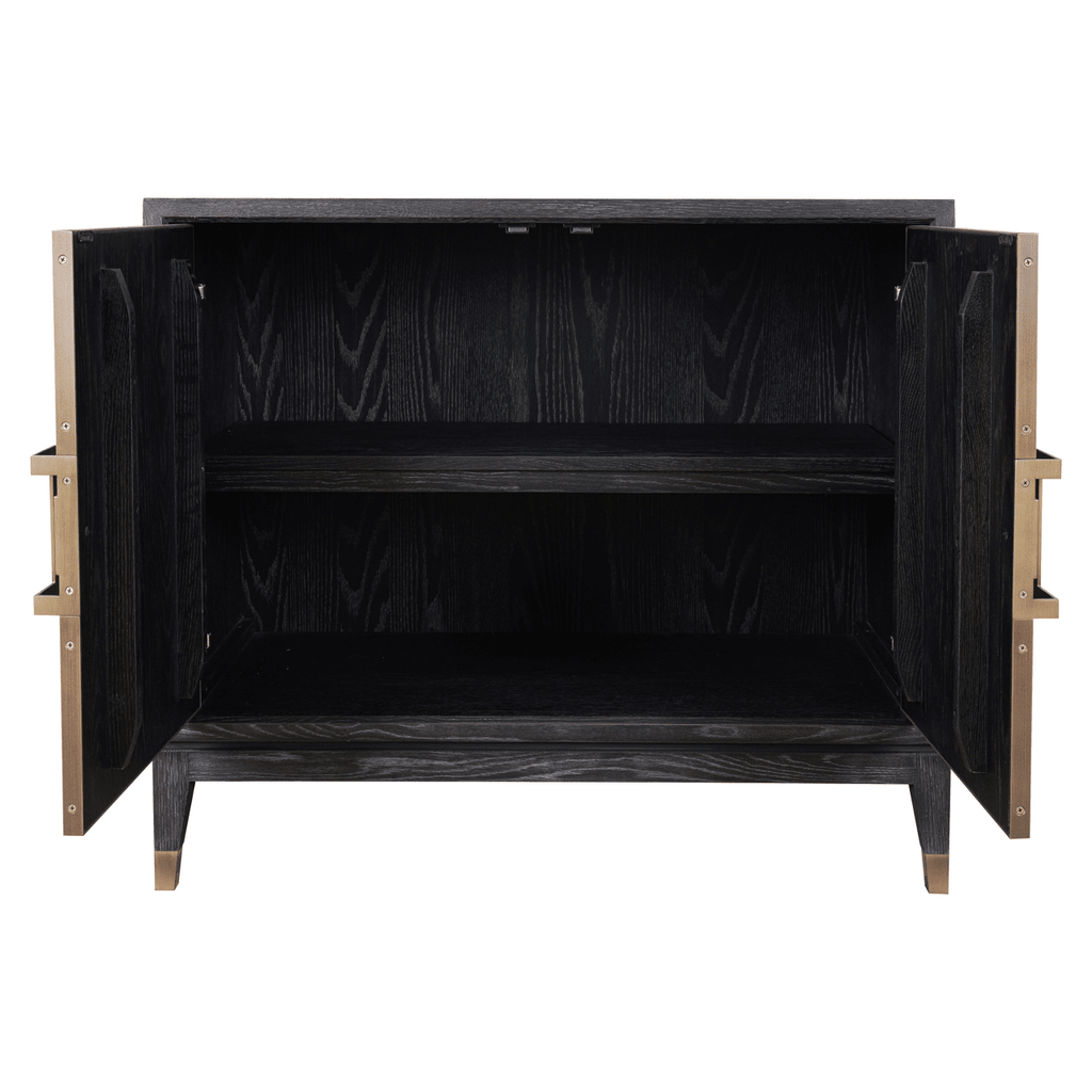 Sideboard aus schwarzem Holz und Rochenlederimitat mit zwei Türen und Messinggriffen