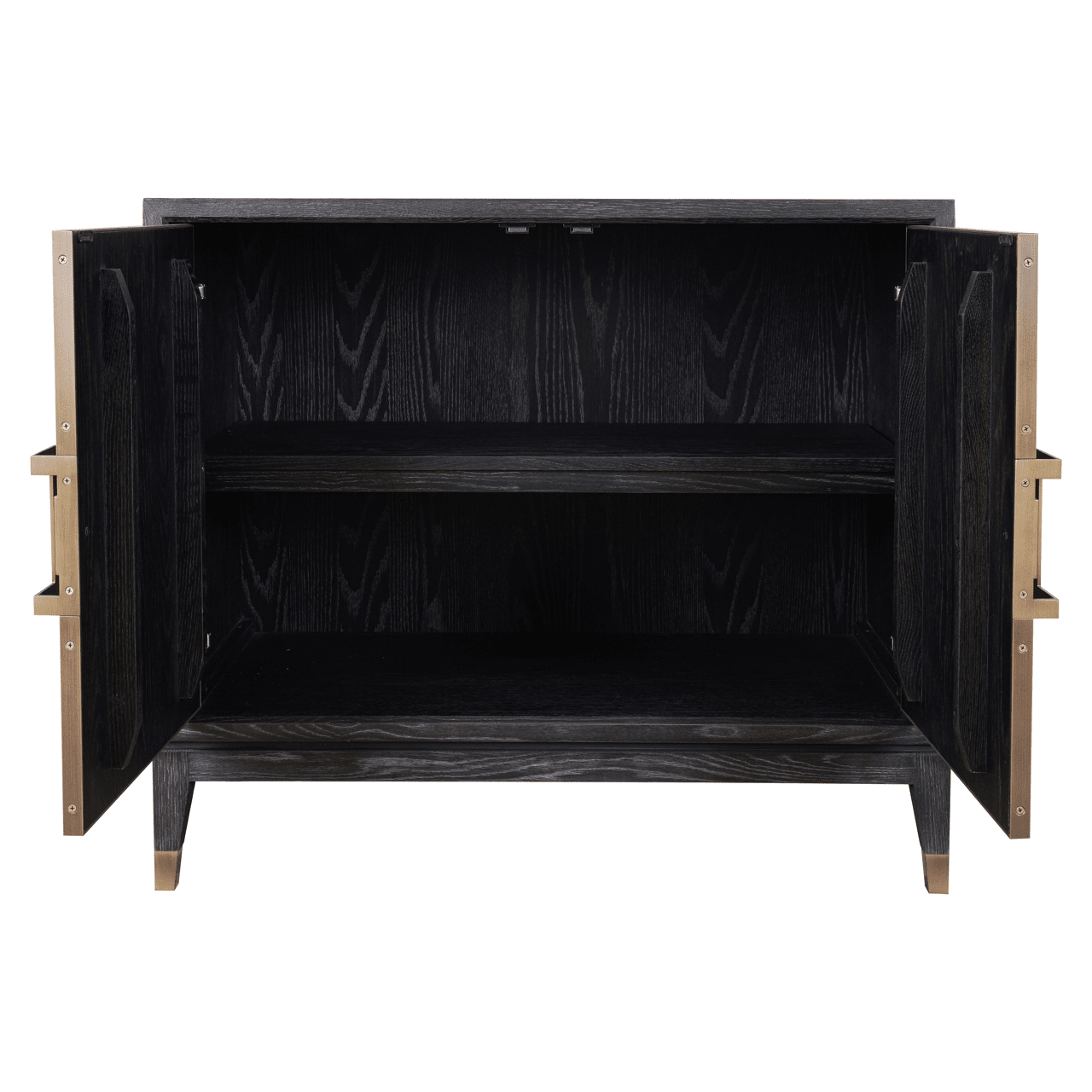 Sideboard aus schwarzem Holz und Rochenlederimitat mit zwei Türen und Messinggriffen