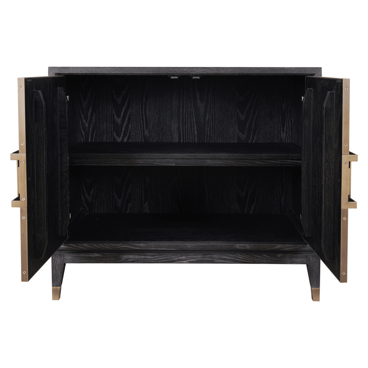 Sideboard aus schwarzem Holz und Rochenlederimitat mit zwei Türen und Messinggriffen