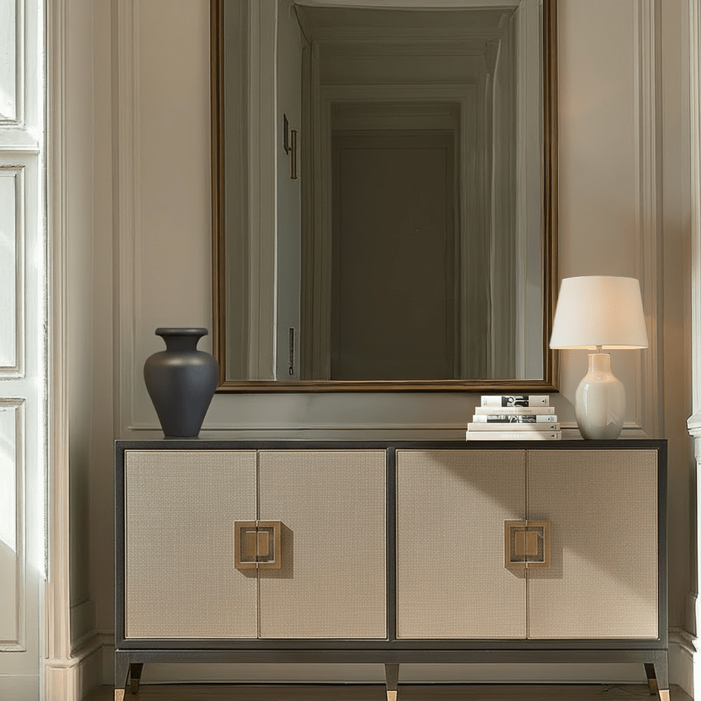 Sideboard mit 4 Türen aus schwarzem Holz und Rochenleder mit Messinggriffen