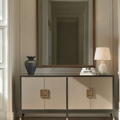 Sideboard mit 4 Türen aus schwarzem Holz und Rochenleder mit Messinggriffen