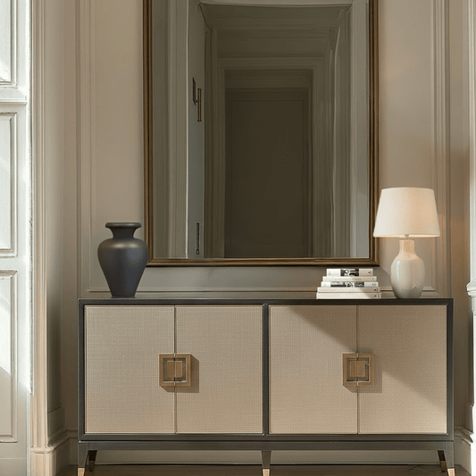 Sideboard mit 4 Türen aus schwarzem Holz und Rochenleder mit Messinggriffen