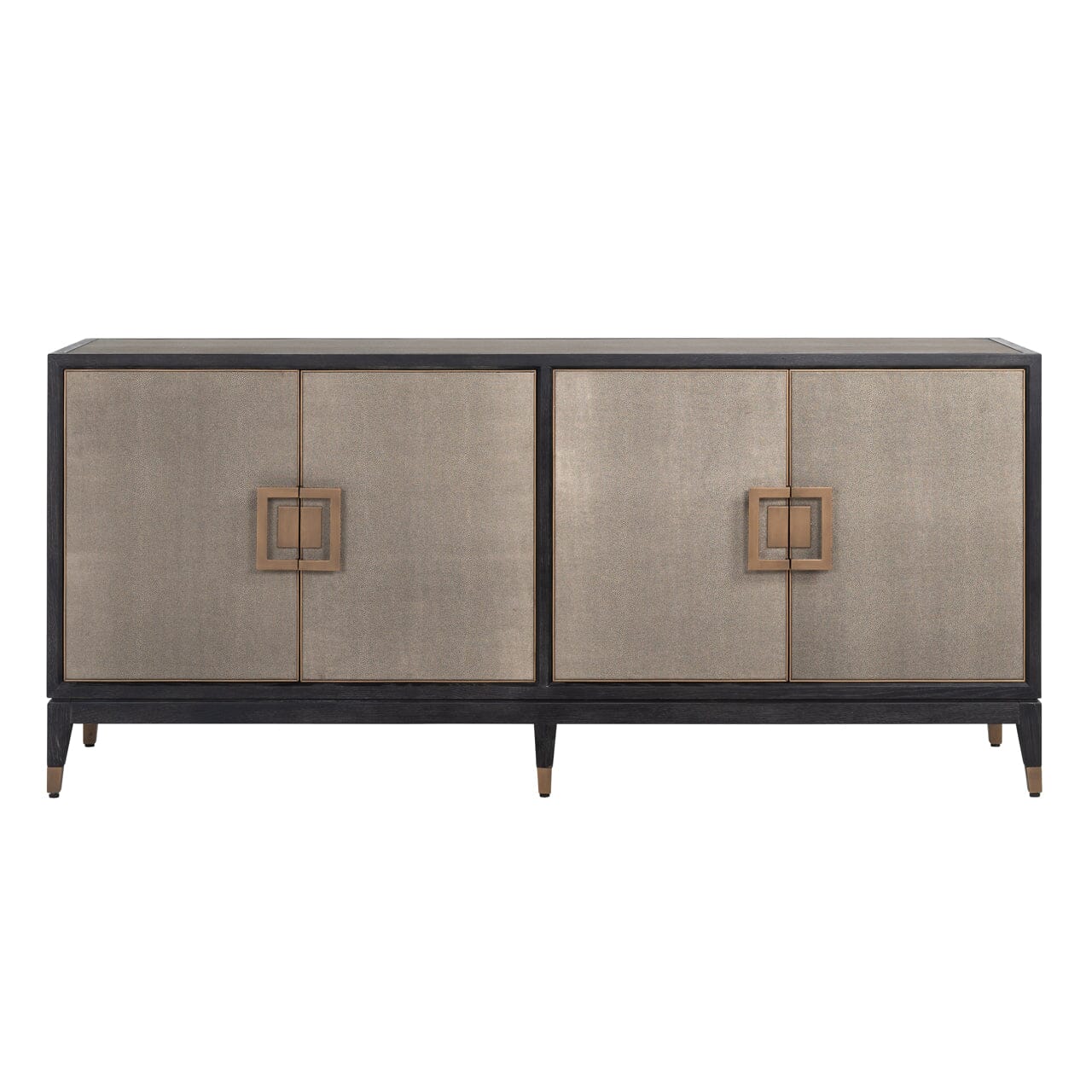 Sideboard mit 4 Türen aus schwarzem Holz und Rochenleder mit Messinggriffen
