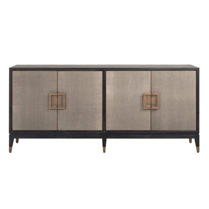 Sideboard mit 4 Türen aus schwarzem Holz und Rochenleder mit Messinggriffen